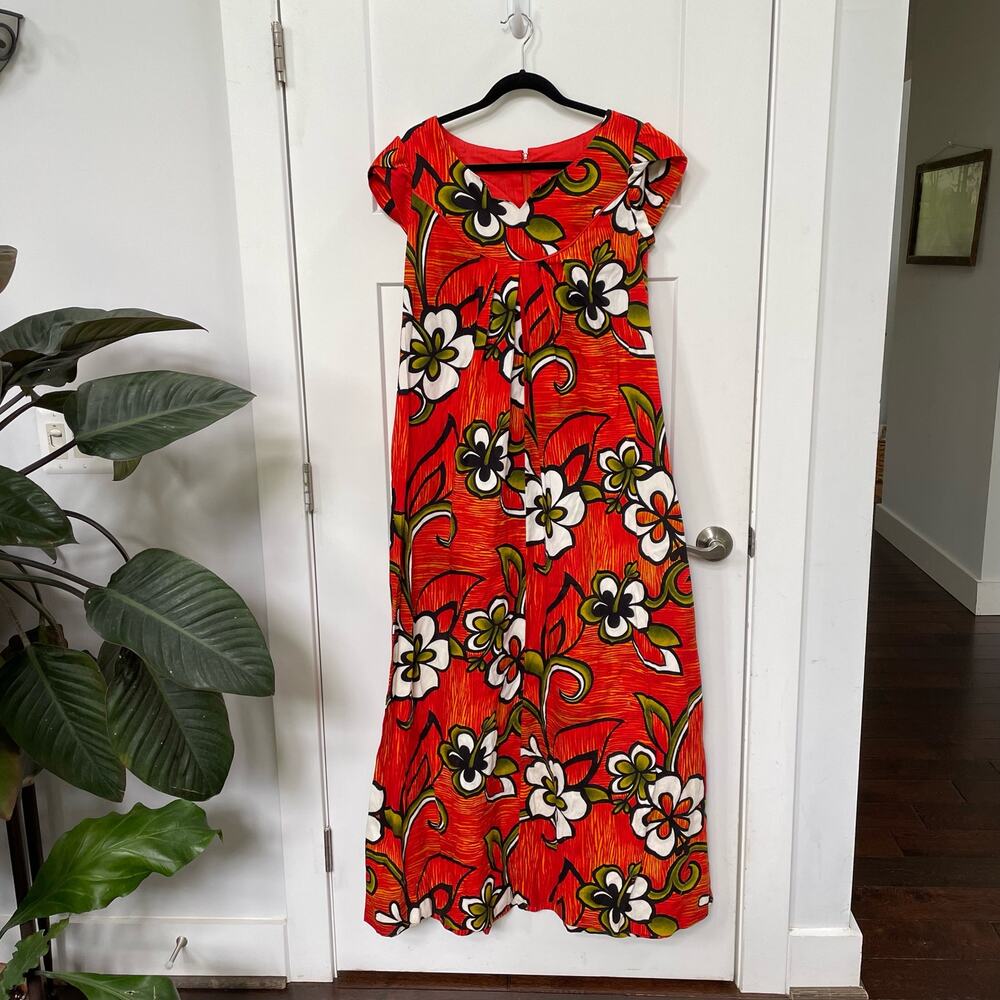 Vintage Hawaiian Barkcloth Maxi Dress 1960s MuuMuu Tiki Luau Island Red NO Size